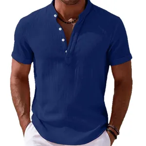 Classic men's blue cotton linen short sleeve shirt with stand collar and half placket design