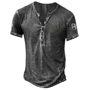 Close-up of men's casual distressed grey Henley shirt featuring number 8 digital print