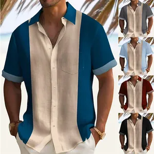 Men's casual color-block short-sleeve shirt with lapel and chest pocket in various colors
