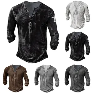 Multi-color collection of men's long sleeve Henley shirts with cross sleeve print