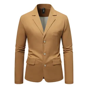 Front view detail of men's camel cotton linen blazer with three buttons and lapel.