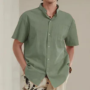 Detail view of men's casual stand collar cotton linen short sleeve shirt in sage green