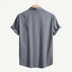 Back view of men's grey textured short-sleeve casual shirt with vertical stripes