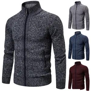 Men Thickened Knitted Cardigan Sweater Stand Collar Full Zipper Long Sleeve Wool Blend Outerwear Casual Outdoor Warm Top