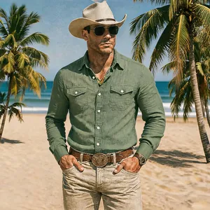 Detailed view of a green cotton linen beach shirt for men worn in a tropical setting.