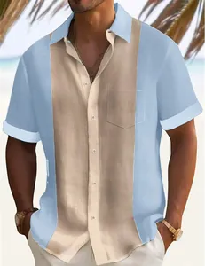 Macro view of light blue and beige color-block men's shirt showing fine linen fabric texture