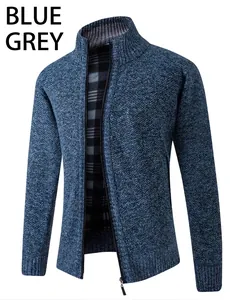 Men's thick blue-gray knitted cardigan with full zipper and warm fleece plaid lining
