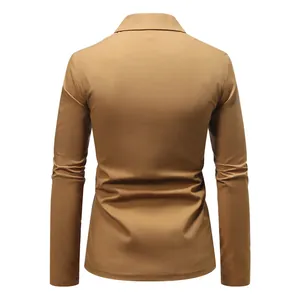Detailed back view of a slim fit men's camel color cotton linen casual blazer jacket