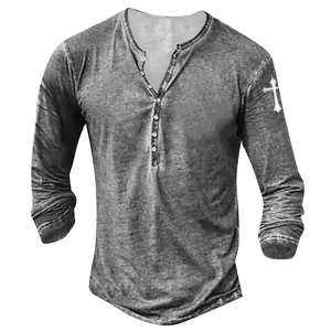 Close-up of men's Henley shirt with acid wash texture and white cross print on sleeve