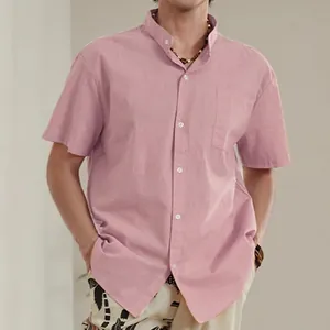 Casual men's cotton linen short sleeve shirt featuring a stand collar and chest pocket in pink