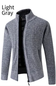 Men's thickened knitted cardigan in light gray with full zipper and stand collar