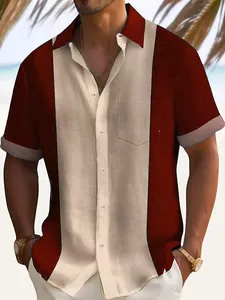 Detailed close-up of men's casual color-block short sleeve shirt with lapel and pocket