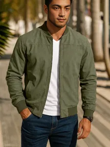 Chaqueta de Ante de Negocios Casual para Hombre Cuello Alto Bomber Cálida con Cremallera para Primavera Otoño Manga Larga