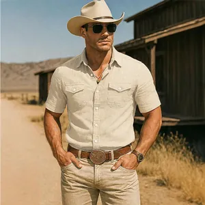 Professional lifestyle shot of a men's retro beige cotton linen short-sleeved shirt