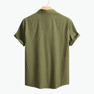Detailed back view of men's olive green short sleeve shirt with unique crinkled fabric texture