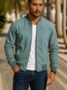 Chaqueta bomber de ante para hombre en color verde azulado con cremallera para otoño