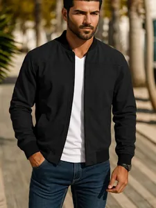 Chaqueta bomber clásica de ante negro para hombre con cremallera frontal y ribetes