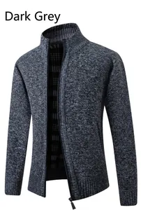Men's casual thick long sleeve knit cardigan sweater in dark grey with front zipper