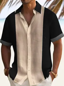 Men's casual color-block short-sleeved shirt featuring lapel collar and chest pocket