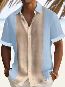 Men's casual color-block short sleeve shirt with lapel collar for beach vacation.