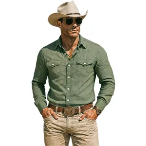 Classic western style men's olive green long sleeve linen shirt with buttoned breast pockets