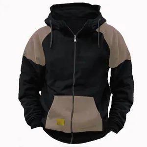 Front view of a men's color-block hooded zip-up sweatshirt in black and brown style