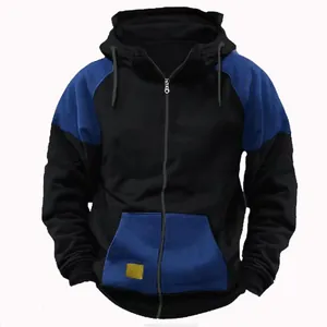 Front view of men's color-block hooded zip-up sweatshirt in stylish blue and black