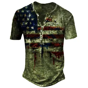 Vintage distressed American flag print Henley T-shirt for men with button neckline