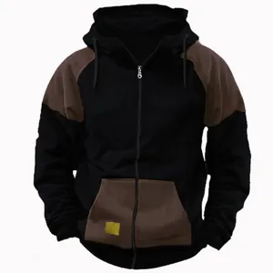 Casual men's two-tone patchwork hooded zip-up sweatshirt in black and brown finish