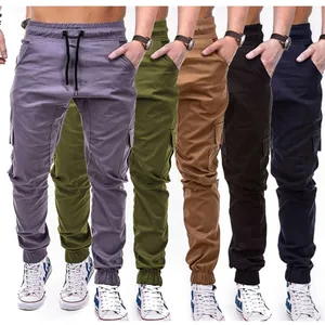 Detailed view showcasing five available colors of men's solid color casual cargo joggers