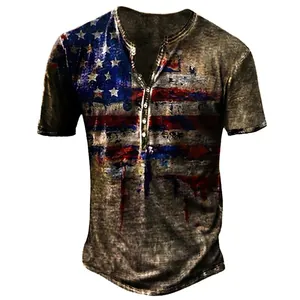Detailed macro view of vintage distressed US flag print on a men's short-sleeve Henley T-shirt