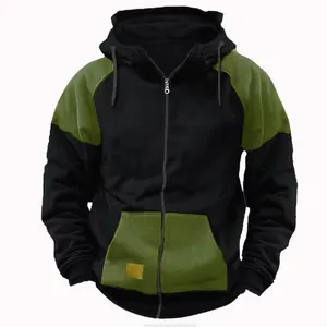 Detailed view of a men's color-block full-zip hooded sweatshirt in black and olive green.