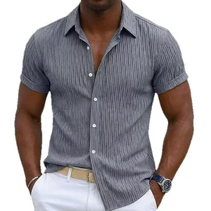 Men's slim fit grey short sleeve shirt with vertical crinkle texture and lapel collar.