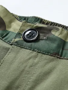 Macro detail of men's vintage cargo shorts featuring a button and camo waist band