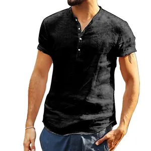 Camisa informal de manga corta para hombre en algodón y lino con cuello mao negro