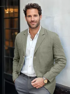 Men's vintage sage green cotton linen blazer casual business suit jacket for summer