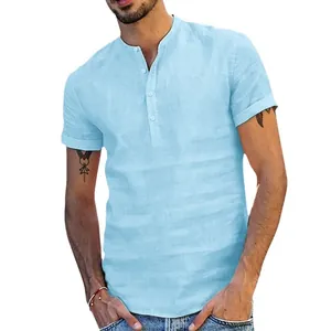 Camisa casual de algodón y lino azul claro para hombre con cuello mao y manga corta