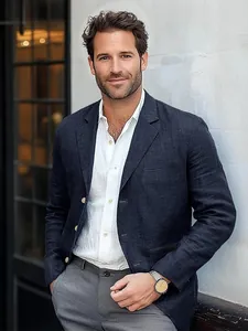 Professional men's dark navy cotton linen blazer jacket for casual business and formal attire