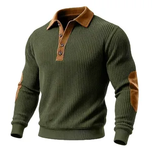 Close-up of olive green ribbed knit pullover with brown suede collar and elbow patches
