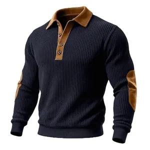 Men's navy ribbed knit polo shirt with brown suede collar and elbow patches