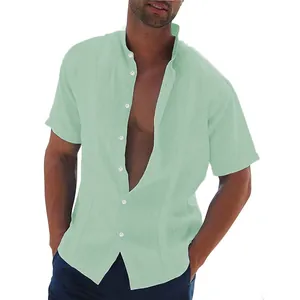 Detail of men's casual light green linen shirt with stand collar and short sleeves
