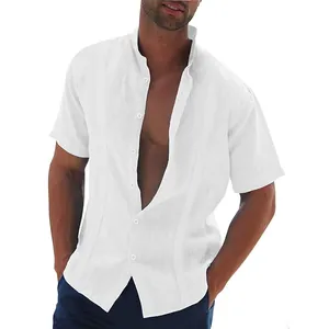 Detail view of a men's white casual short sleeve shirt with stand collar and front pleats.