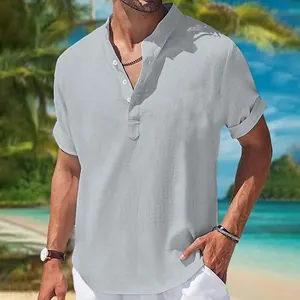 Men's casual cotton linen short sleeve shirt with mandarin collar and half-button placket