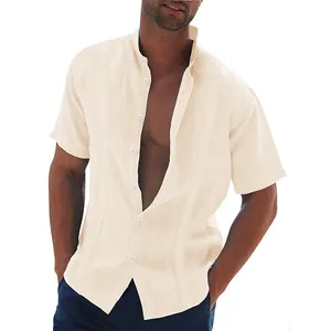Front view of a men's cream casual short-sleeve shirt with stand collar and front pleats