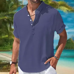 Detailed view of men's blue cotton linen henley shirt featuring a stand collar design