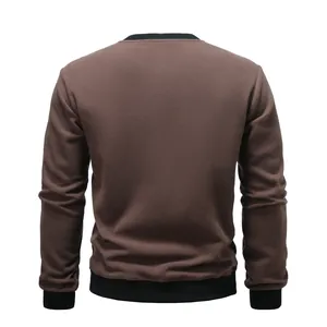 Back view of a brown men's polar fleece crewneck sweatshirt with black ribbed cuffs.