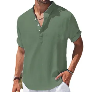 Men's summer cotton linen short sleeve shirt with stand collar in sage green