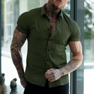 Detailed view of men's slim fit muscular short sleeve olive green lapel shirt