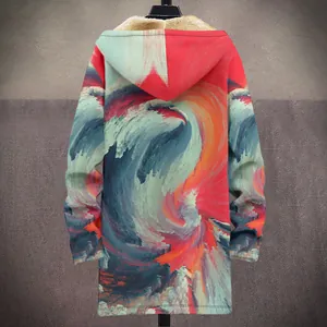 Back view of a thick hooded coat featuring a vibrant 3D colorful swirl wave print