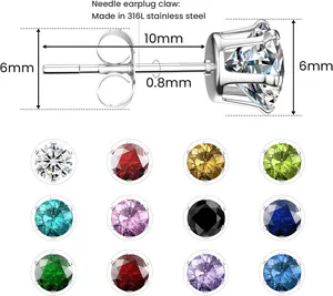 Medidas detalladas de los pendientes de circonita de acero 316L con opciones de color.